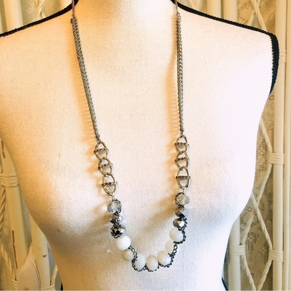Statement Necklace Mixed Bead Links and Chain Silvertone and Ivory White - Picture 2 of 15